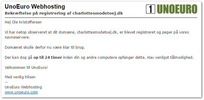 Bekræftelse af registrering af dit domæne og webhotel